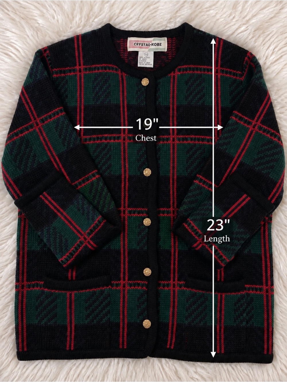 Crystal-Kobe Women's Black Plaid Cardigan Jacket with Green & Red Accents